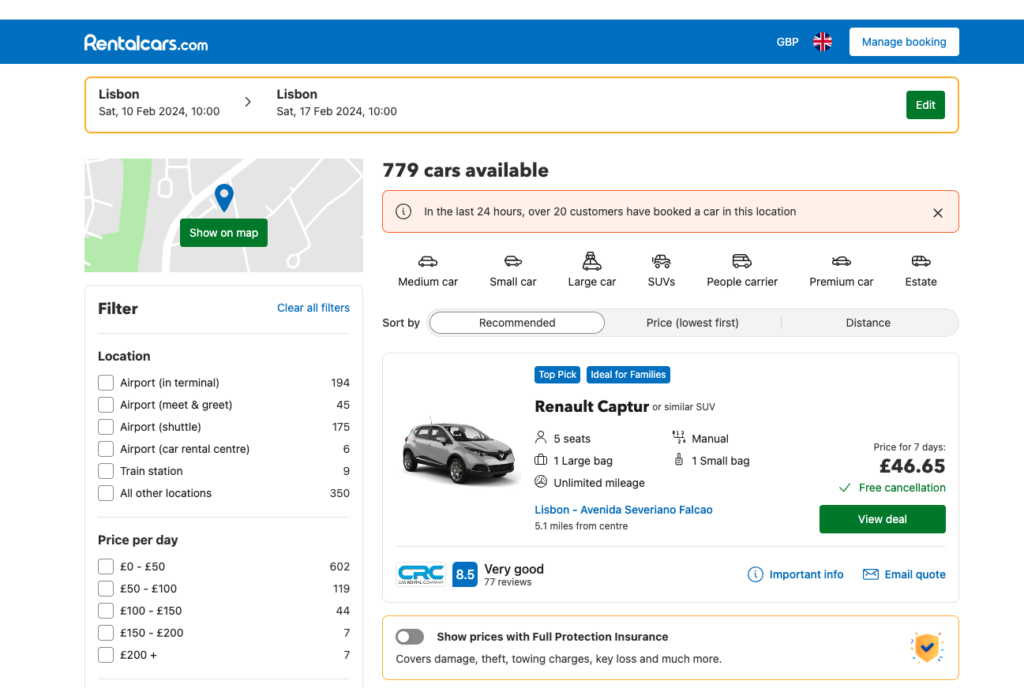 Rentalcars.com search results page | Ratio Partners CRO webinar